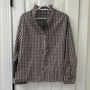 Women’s Brown Ruffle Checkered Shirt